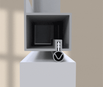 animation showing a window frame from the front and right side pressing down on a piece of hollow bulb seal from ultrafab demonstrating its compression resistance