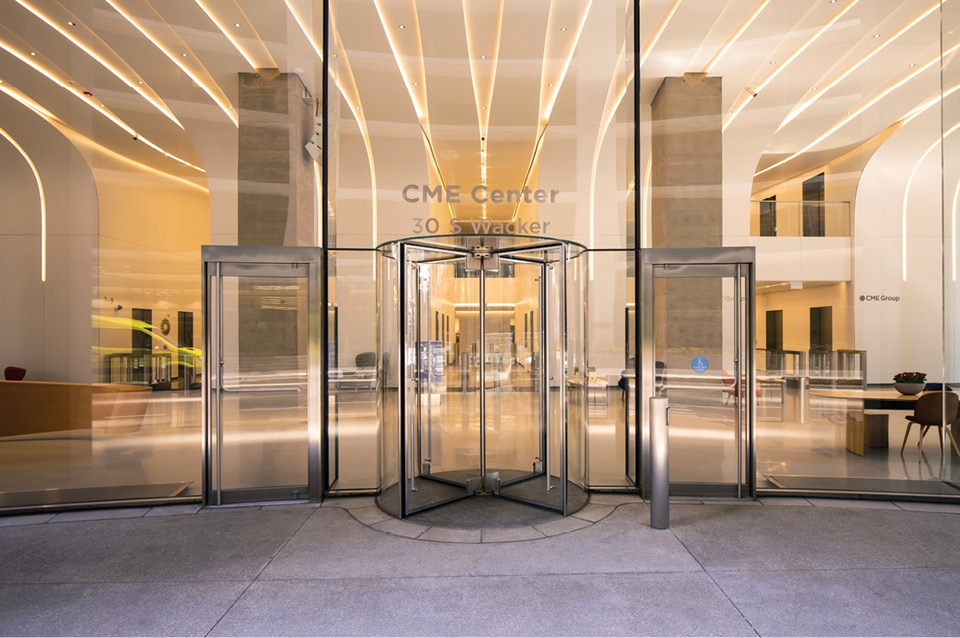 glass entrance and revolving door