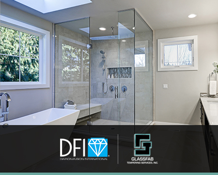 an interior photo of a shower enclosure with company logos for dfi-diamon-fusion international and glassfab tempering services on a black background at the bottom of the image