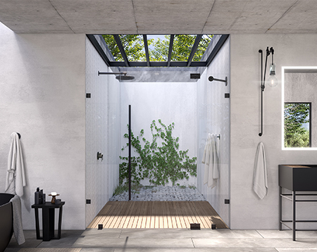 an interior photo of a frameless shower enclosure below a skylight 