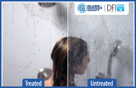 a photo on the left shows shower glass treated with diamon-fusion glass protection with minimal condensation compared with a photo on the right of untreated shower glass obscured by water droplets and condensation