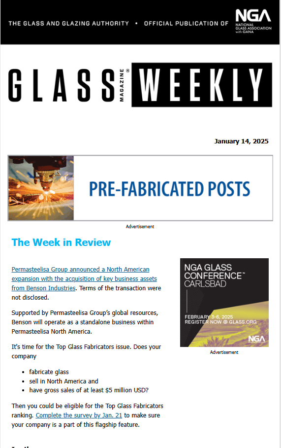 January 14 edition of Glass Magazine Weekly