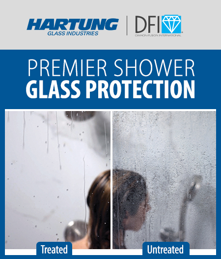 side by side comparison showing shower glass treated by diamon-fusion versus untreated. Contact a Hartung Sales Representative today to learn how Diamon-Fusion® can elevate your product line. 