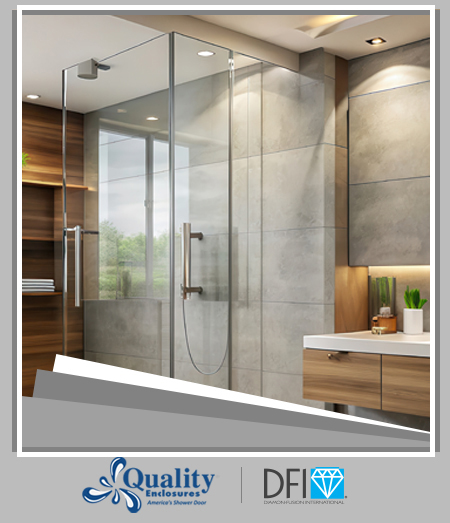 image of glass shower door from quality enclosures, quality enclosures offers Diamon-Fusion® protective coating on their full line of shower doors