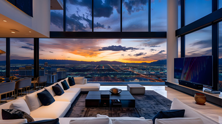 an interior view looking from a hillside through large windows at a sunset over an illuminated city skyline 