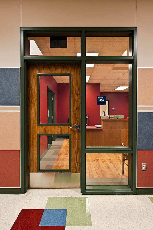 office entrance with fire glass
