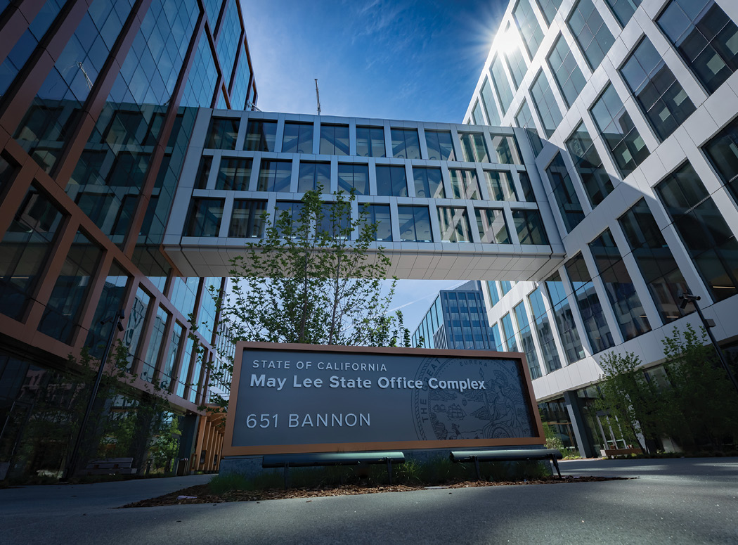 office building with connecting glass walkway