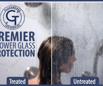 a photo of a shower door from glasswerks with the left side treated by dfi showing little condensation and the right side left untreated fogged with water droplets