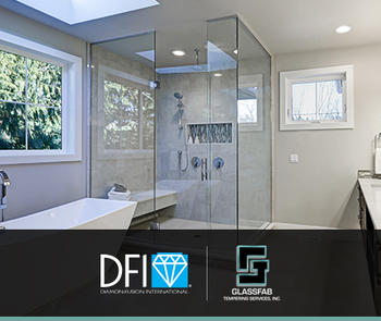 an interior photo of a shower enclosure with company logos for dfi-diamon-fusion international and glassfab tempering services on a black background at the bottom of the image
