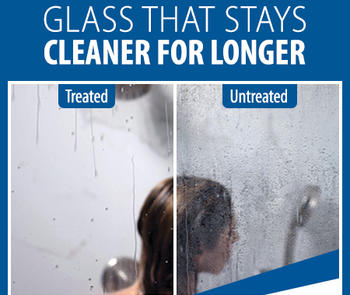 a photo on the left shows shower glass treated with diamon-fusion glass protection with minimal condensation compared to a photo on the right of untreated shower glass obscured by water droplets and condensation